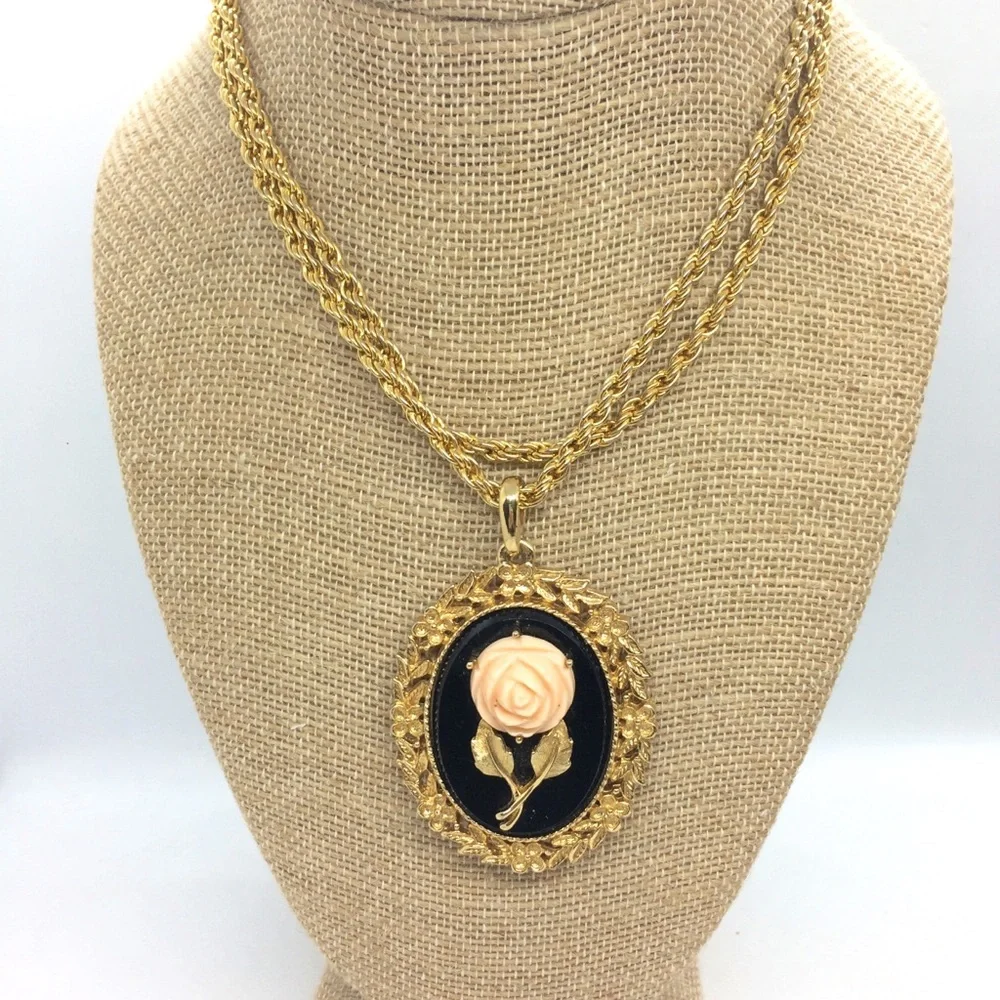 Vintage Gold and Black Necklace with Rose Pendant